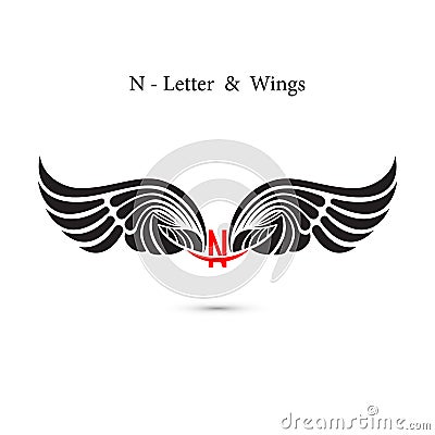 N-letter sign and angel wings.Monogram wing logo mockup.Classic Vector Illustration