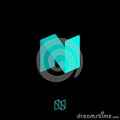 N monogram. N letter. N origami logo. N letter as azure ribbon on dark background. Vector Illustration