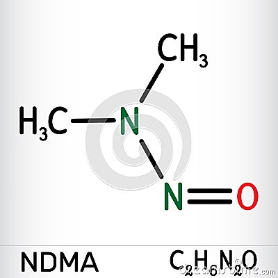 N-Nitrosodimethylamine, NDMA, dimethylnitrosamine, DMN molecule. It is human carcinogen, poison. Skeletal chemical formula Vector Illustration