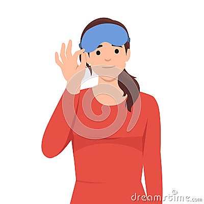 Woman wears pajamas with sleep masks are preparing to relax in comfortable bedroom with soft bed. Happy women use eye masks to Vector Illustration
