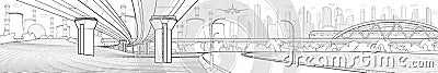 N3paHigway overpass. Train rides on bridge. Cityscape infrastructure industrial illustration panorama. Illumination cianorama-01-2 Vector Illustration