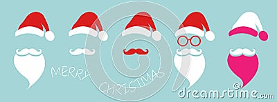 Santa Claus fashion hipster style set icons. Santa hats, moustache and beards, glasses. Christmas elements for your festive design Vector Illustration