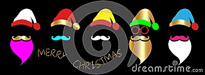 Santa Claus fashion hipster style set icons. Santa hats, moustache and beards, glasses. Colorful and gold Christmas elements sign Vector Illustration