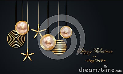 Christmas luxury holiday banner with gold handwritten Merry Christmas and Happy New Year greetings and gold colored Vector Illustration