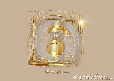 Gold luxury frame Santa Claus Christmas wear hat, beard, mustache and fashion glasses, festive xmas party decoration. Bright gold Vector Illustration