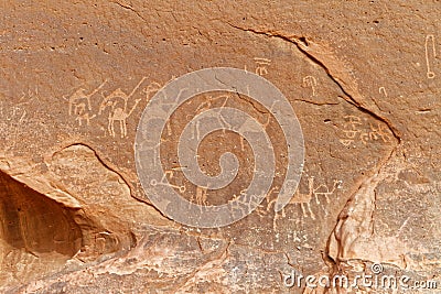 Nabatean rock art at Wadi Rum, Jordan Stock Photo