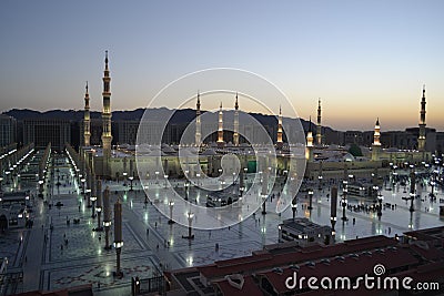 Nabawi Mosque in Medina at dusk time Stock Photo