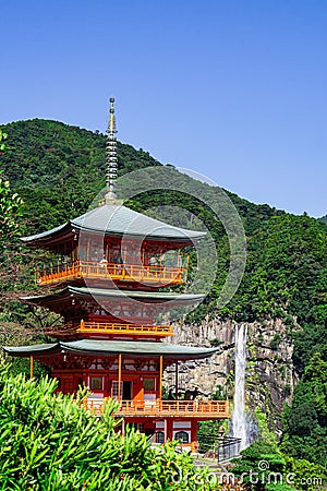 Nachi, Japan at the pagoda of Seigantoji and Nachi no Taki waterfall. Stock Photo