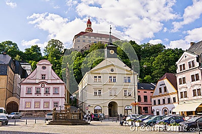 NACHOD, CZECH REPUBLIC - July 13, 2017: View from Masaryk Square to the castle. Editorial Stock Photo
