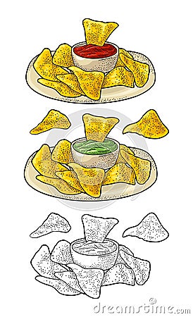Nachos chips with ketchup and guacamole in pan. Vector color vintage engraving Vector Illustration