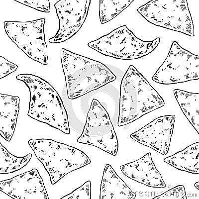 Nachos drawing. Seamless pattern. Traditional mexican food vector background. Vector Illustration