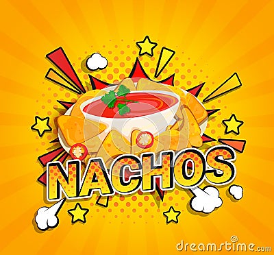 Nachos flyer on sunburst halftone background. Vector Illustration