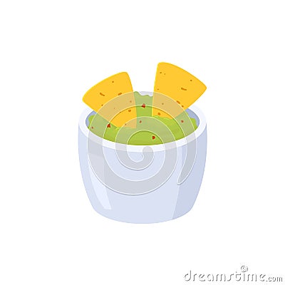 Nachos with guacamole dip isolated on white background. Vector flat illustration Vector Illustration