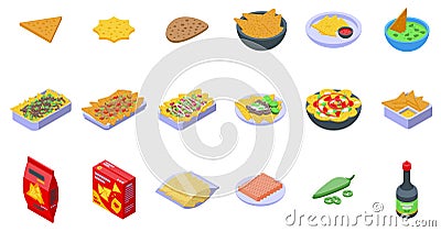 Nachos icons set isometric vector. Mexican dip Vector Illustration