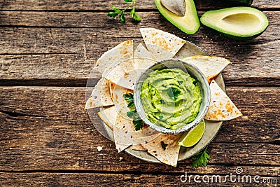 Nachos on plate and avocado sauce Stock Photo