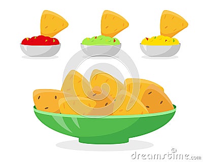 Nachos in plate and different sauces Vector Illustration