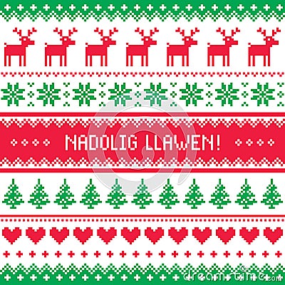 Nadolig Llawen - Merry Christmas in Welsh greetings card, seamless pattern Stock Photo