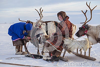 Nadym, Russia - February 23, 2020: Far North, Yamal Peninsula, Reindeer Herder`s Day, local residents in national clothes of Editorial Stock Photo