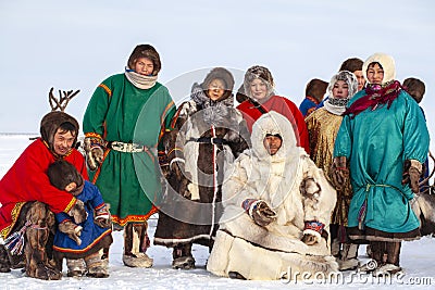 Nadym, Russia - February 23, 2020: Far North, Yamal Peninsula, Reindeer Herder`s Day, local residents in national clothes of Editorial Stock Photo