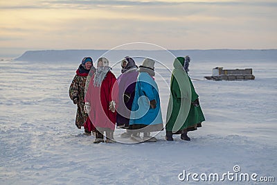 Nadym, Russia - February 23, 2020: Far North, Yamal Peninsula, Reindeer Herder`s Day, local residents in national clothes of Editorial Stock Photo