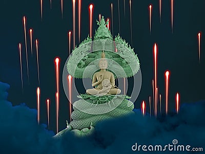 Naga fire balls, Buddha protected by hood of mythical king naga night sky Stock Photo