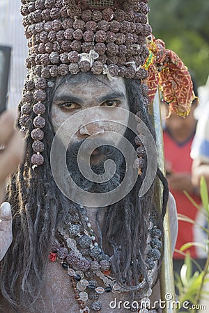 Naga Sadhu with a unique headgear at Kumbh Mela Trambakeshwar,nasik,maharashtra,India Editorial Stock Photo