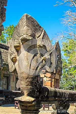 Naga statue in Khmer and Siam ancient historical ruins of city temple like Angkor Wat Editorial Stock Photo