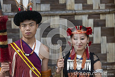 Naga Tribal Couple at Hornbill festival,Kohima,Nagaland,India on 1st December 2013 Editorial Stock Photo