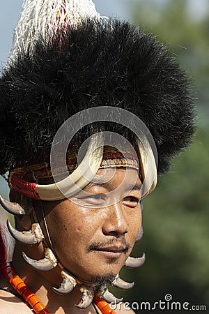 Naga Tribal Warrior Portrait at Hornbill festival,Kohima,Nagaland,India on 1st December 2013 Editorial Stock Photo