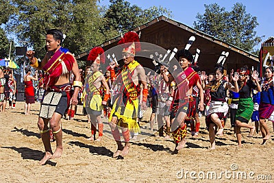 Naga Tribes performing at Hornbill Festival, Kisama Editorial Stock Photo