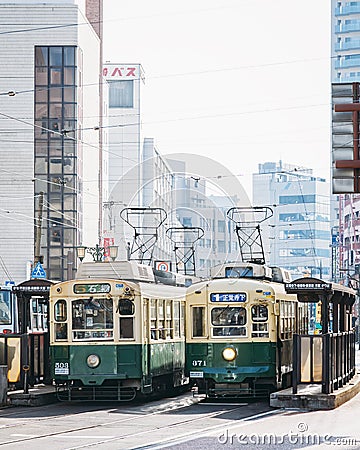 Nagasaki, Japan - February 23, 2012: Nagasaki city with Tram Railway Editorial Stock Photo