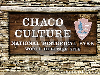 Closeup, entrance sign of Chaco Culture National Historical Park in the desert of central New Mexico Editorial Stock Photo