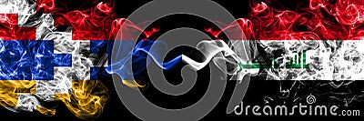 Nagorno-Karabakh, Artsakh vs Iraq, Iraqi smoky mystic flags placed side by side. Thick colored silky abstract smoke flags Stock Photo