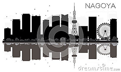 Nagoya City skyline black and white silhouette with reflections. Cartoon Illustration
