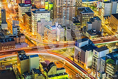 Nagoya cityscape in night time in telephoto zoom view Editorial Stock Photo