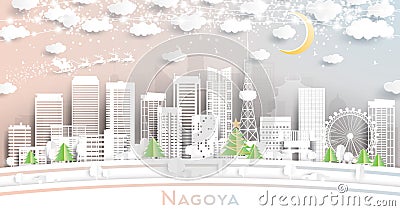 Nagoya Japan City Skyline in Paper Cut Style with Snowflakes, Moon and Neon Garland Stock Photo