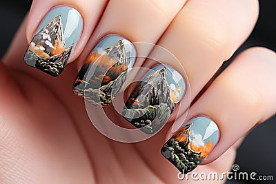 Nail art, high mountain landscape design, illustration generative AI Cartoon Illustration