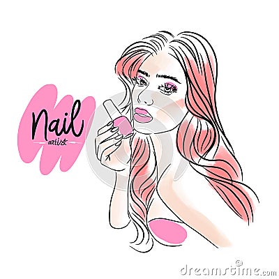 Nail artist, beautiful girl manicure master, holding nail polish, watercolor Vector Illustration