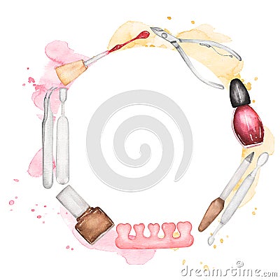 Nail Beauty wreath clipart, Watercolor hand drawn Manicure Cosmetic instruments frme illustration, Nail Polish, Makeup Tool clip Cartoon Illustration