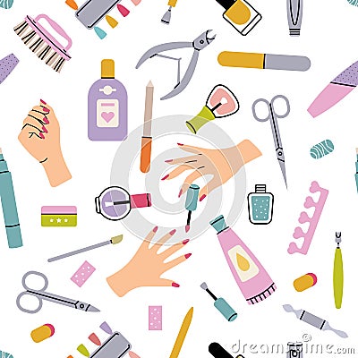 Nail care pattern. Nail polish nail files scissors. Vector seamless background Vector Illustration