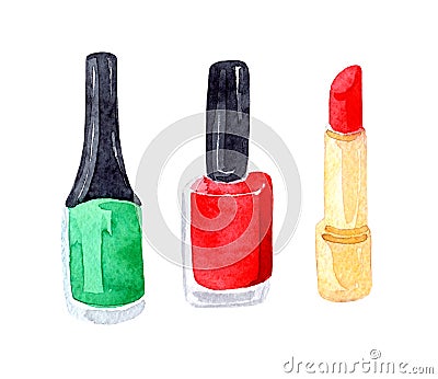 Nail polish green and red and lipstick watercolor illustration Cartoon Illustration