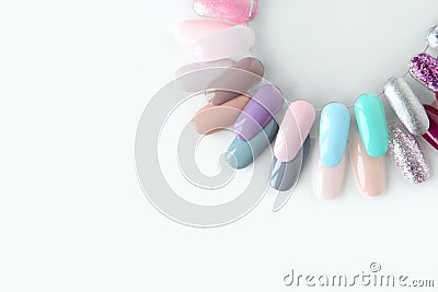 Nail polish samples in different bright colors. Stock Photo