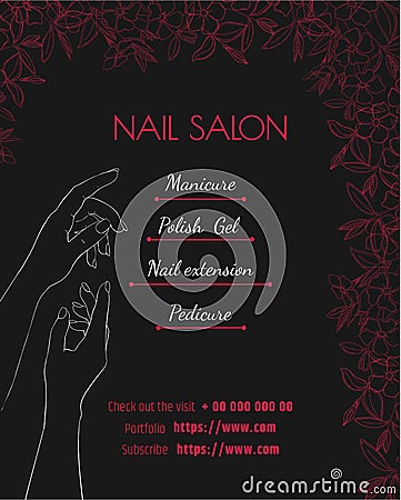 Nail salon. Black luxury template of a poster, a flyer or a price tag. Manicure and pedicure design layout. Vector Illustration