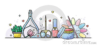 Nail salon and manicure tools. Cuticle tongs, scissors and nail polish. Vector flat illustration in linear style with botanical Cartoon Illustration