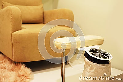 Nail saloon - Pedicure chair with footrest and fan Stock Photo