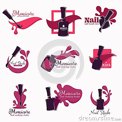 Manicure and nail studio polish or varnish in bottle isolated icons Vector Illustration