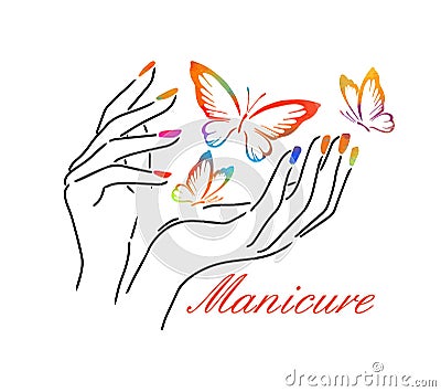 Beautiful female hands. Nail studio. Nail polish logo. Mixed media. Multicolored butterflies. vector illustration Vector Illustration