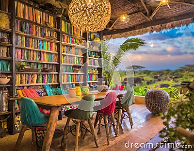 A Nairobi craftsman retreat, with a safari-themed library and a fusion of Kenyan Stock Photo