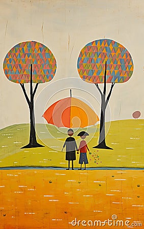 Naive Art: A Vibrant Orange Painting Of A Couple Under An Umbrella In Woodland Stock Photo