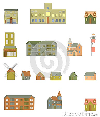 Naive city creator set for nursery map. Cute houses, trees and urban objects. Bundle of little town elements Stock Photo